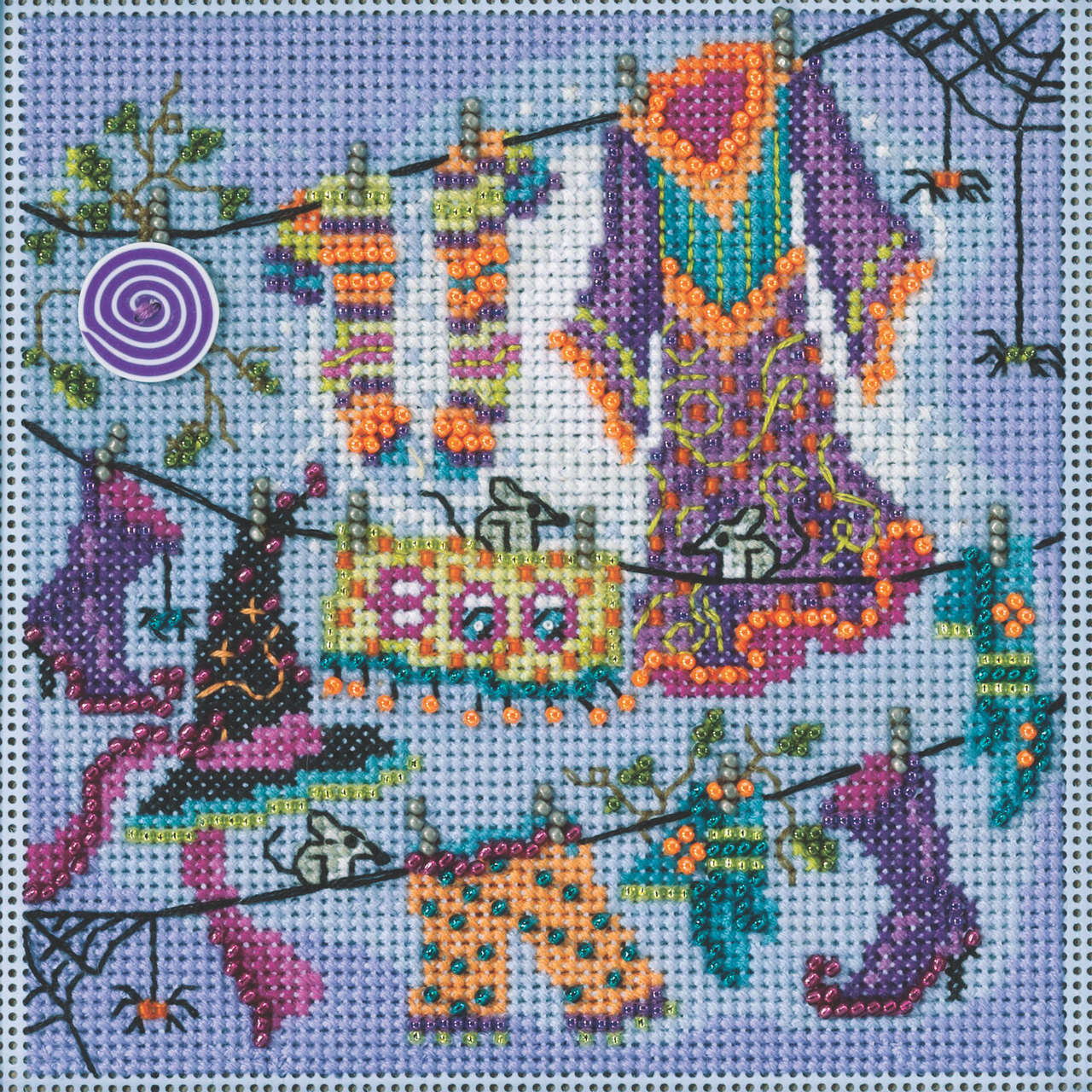Stitched area of Wanda's Clothesline Cross Stitch Kit Mill Hill 2023 Buttons & Beads Autumn MH142322