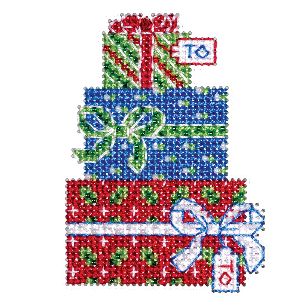 Stitched area of Gift Trio Cross Stitch Ornament Kit Mill Hill 2023 Winter Holiday MH182332