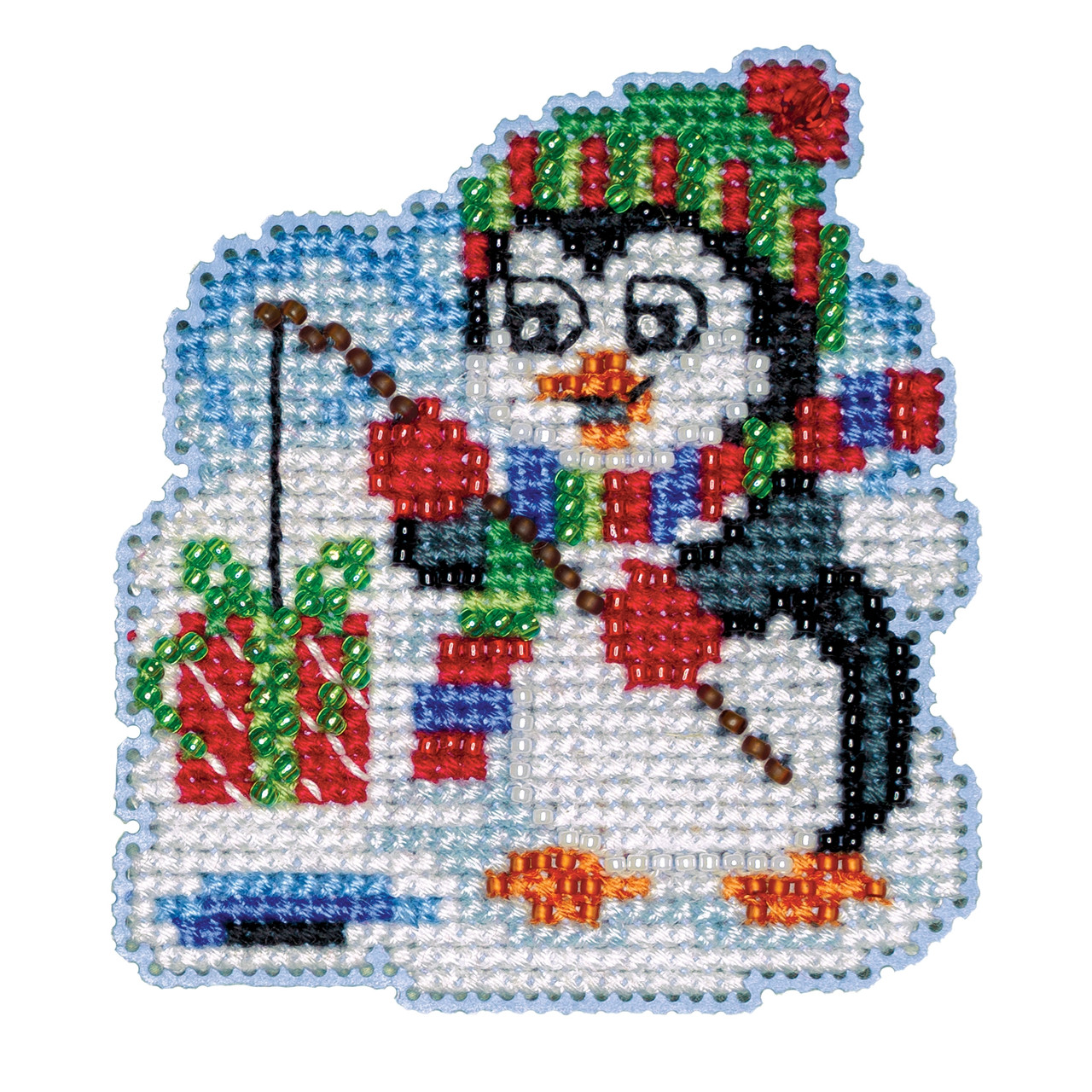 Stitched area of Fishing Penguin Cross Stitch Ornament Kit Mill Hill 2023 Winter Holiday MH182336