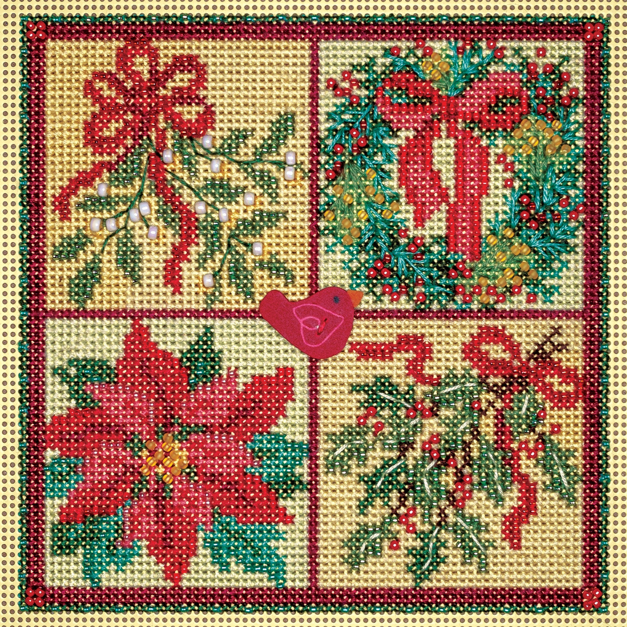 Stitched area of Winter Greens Cross Stitch Kit Mill Hill 2023 Buttons Beads Winter MH142333