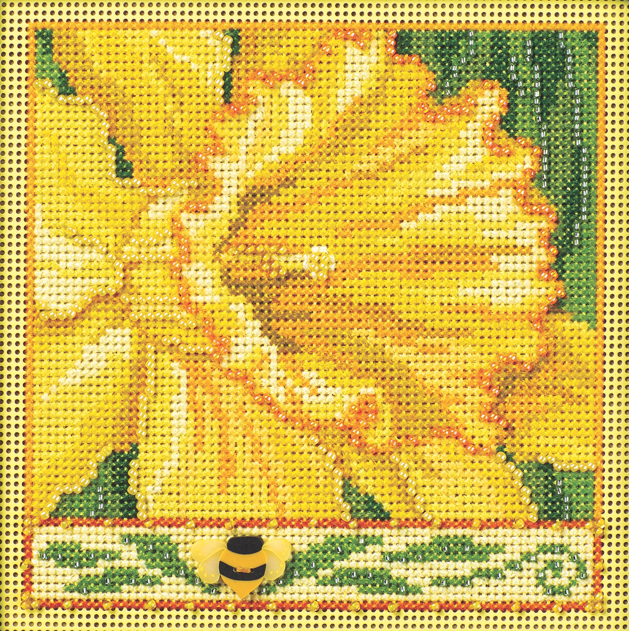 Stitched area of Daffodil Cross Stitch Kit Mill Hill 2024 Buttons & Beads Spring MH142411