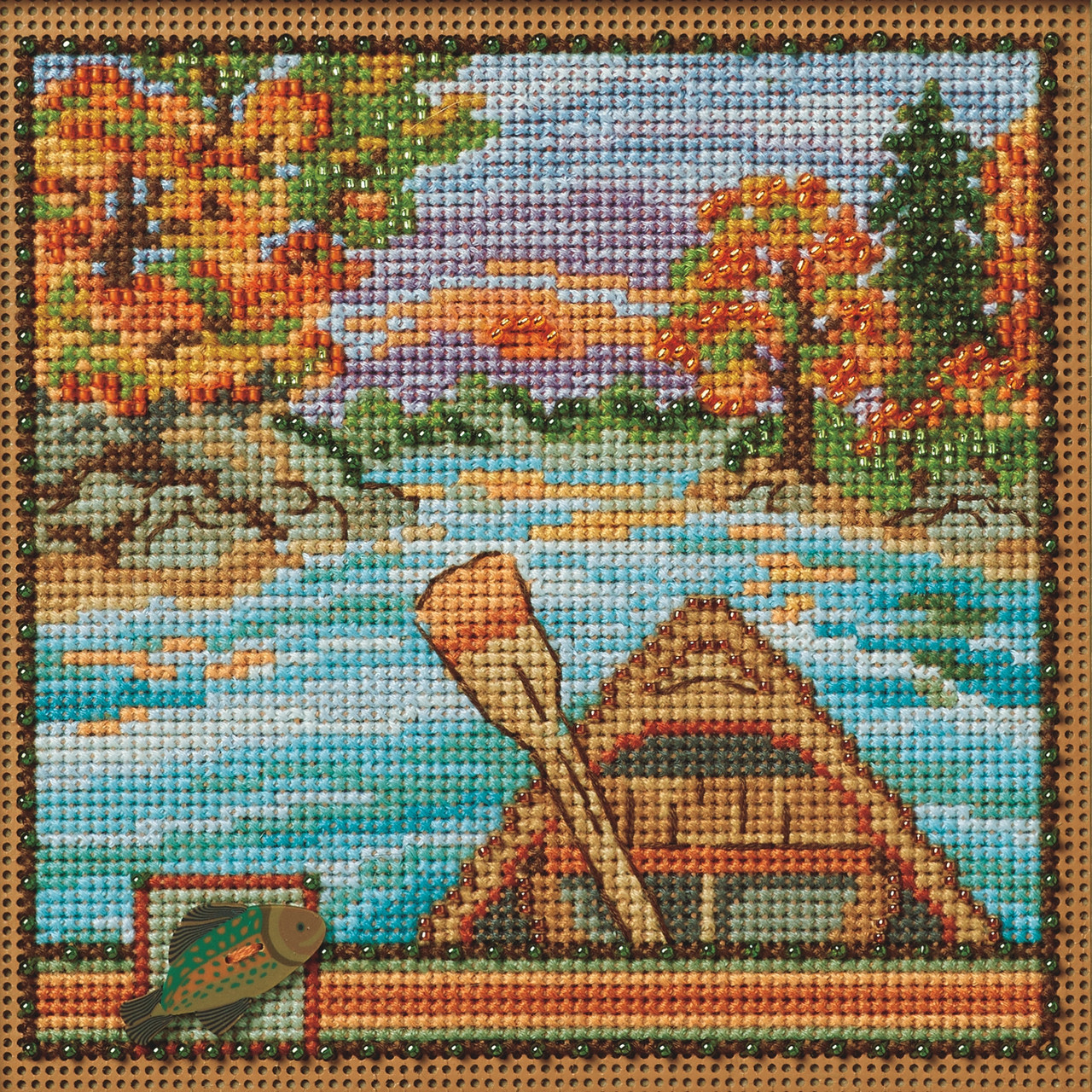 Stitched area of Canoe Ride Cross Stitch Kit Mill Hill 2024 Buttons & Beads Autumn MH142421