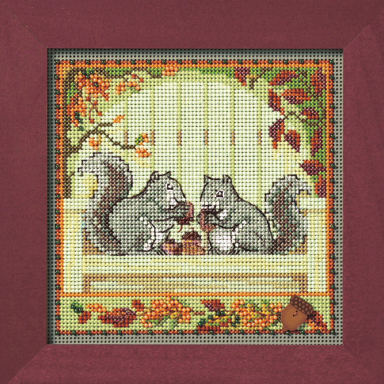 Framed view of Nutty Squirrels Cross Stitch Kit Mill Hill 2024 Buttons & Beads Autumn MH142422