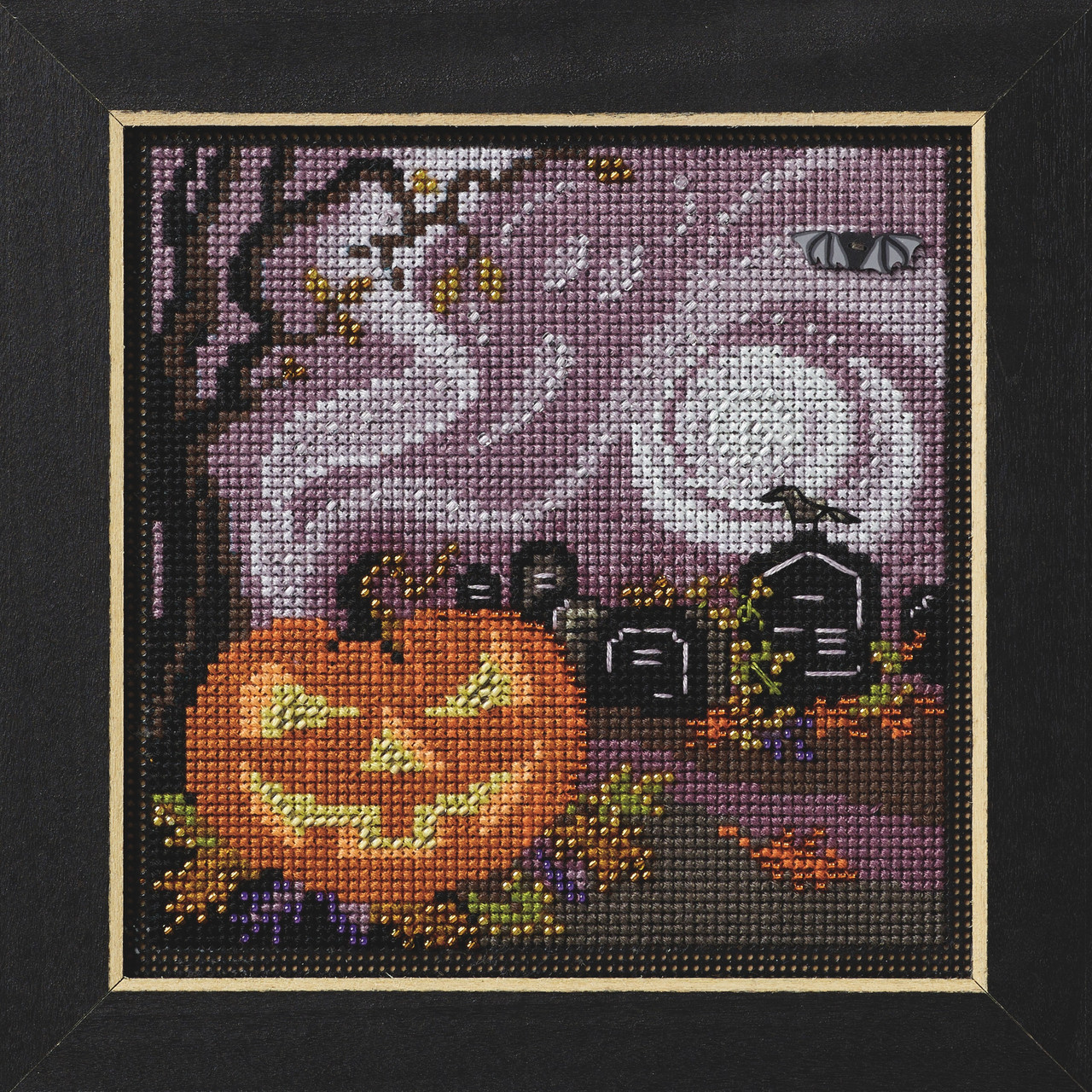 Framed view of Haunted Graveyard Cross Stitch Kit Mill Hill 2024 Buttons & Beads Autumn MH142424