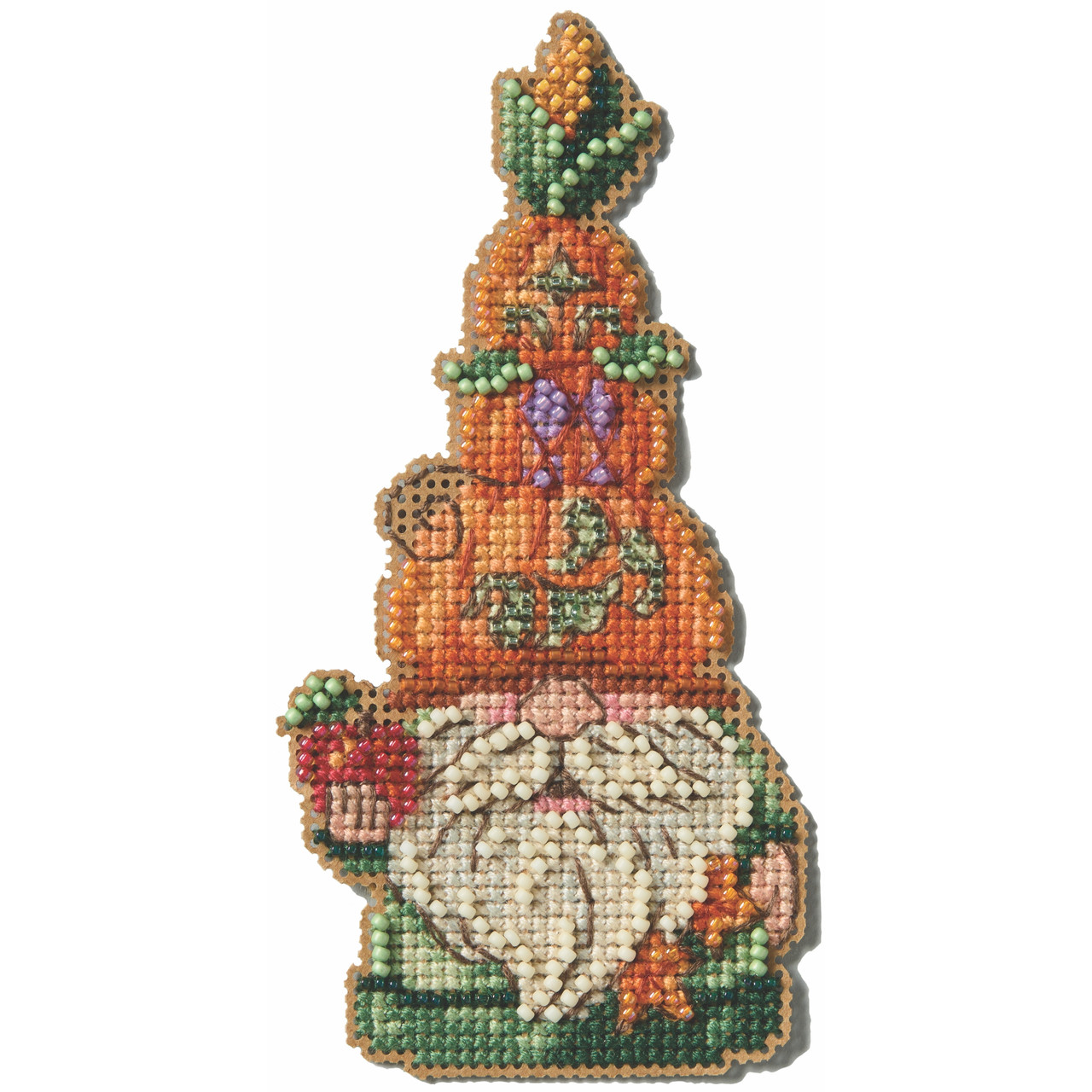 Stitched area of Harvest Pumpkin Gnome Cross Stitch Kit Mill Hill 2025 Jim Shore JS202515