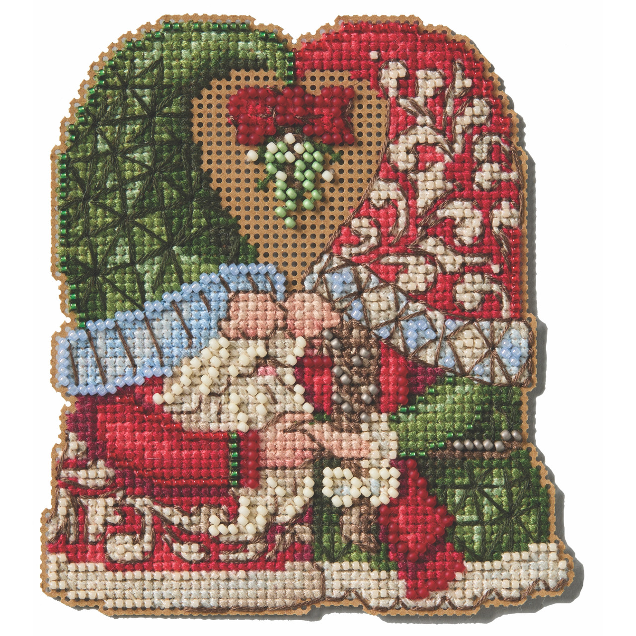 Stitched area of Mistletoe Couple Gnomes Cross Stitch Kit Mill Hill 2025 Jim Shore JS202516