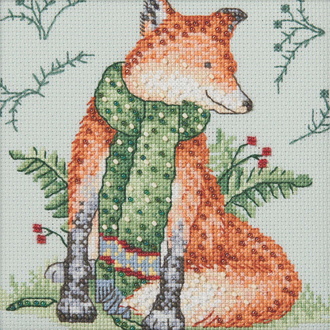 Stitched area of Reddy Fox Cross Stitch Kit Mill Hill 2026 Debbie Mumm Woodland Friends DM302611