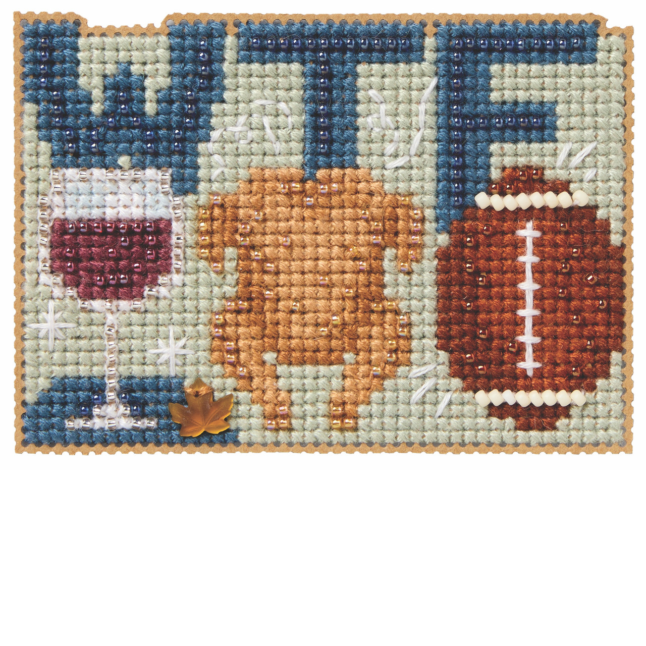 Stitched area of Wine, Turkey, Football Beaded Cross Stitch Kit Mill Hill 2026 Autumn Harvest MH182626