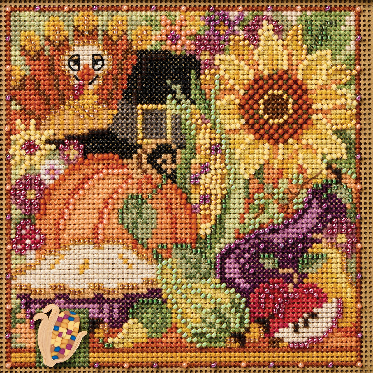 Stitched area of Fall Collage Cross Stitch Kit Mill Hill 2026 Buttons & Beads Autumn MH142621