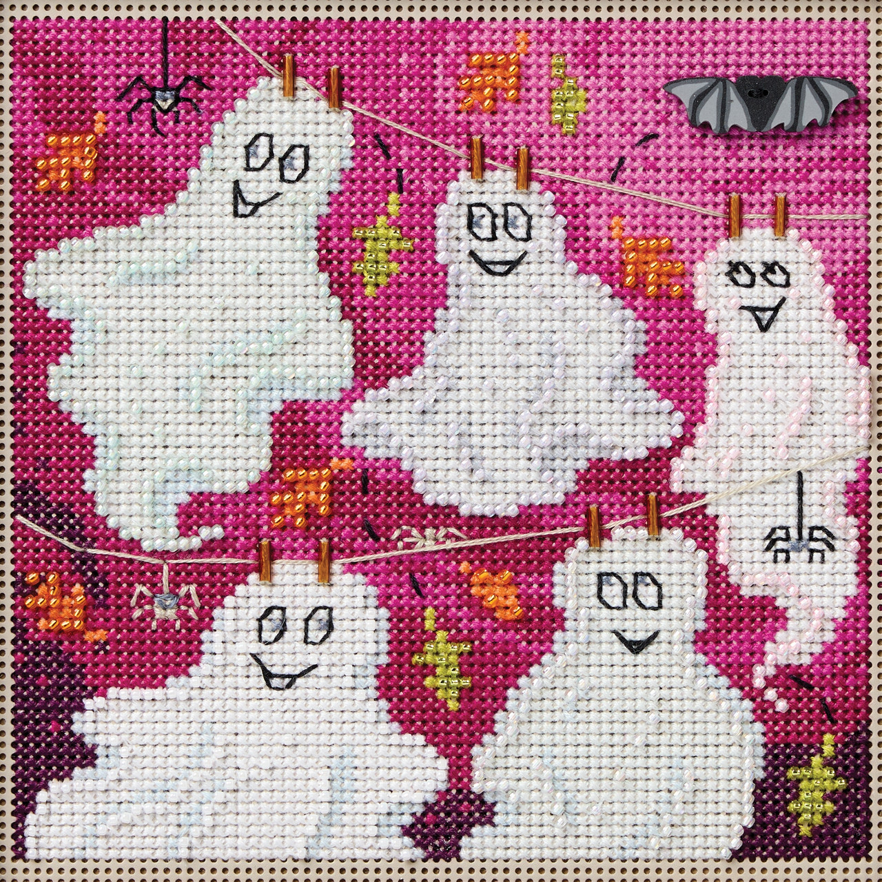 Stitched area of Ghost Line Cross Stitch Kit Mill Hill 2026 Buttons & Beads Autumn MH142622