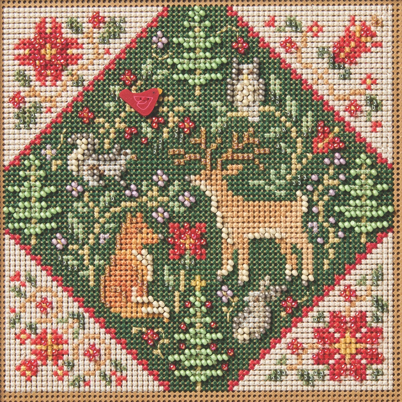 Stitched area of Forest Folk Art Counted Cross Stitch Kit Mill Hill 2026 Buttons & Beads Winter MH142632