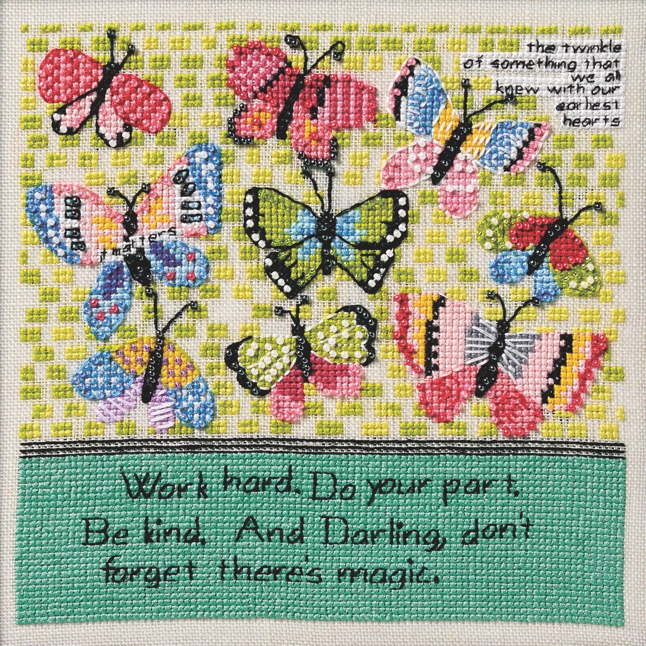 Stitched area of Don't Forget Beaded Counted Cross Stitch Kit Mill Hill Curly Girl 2026 Everyday Series CG302612