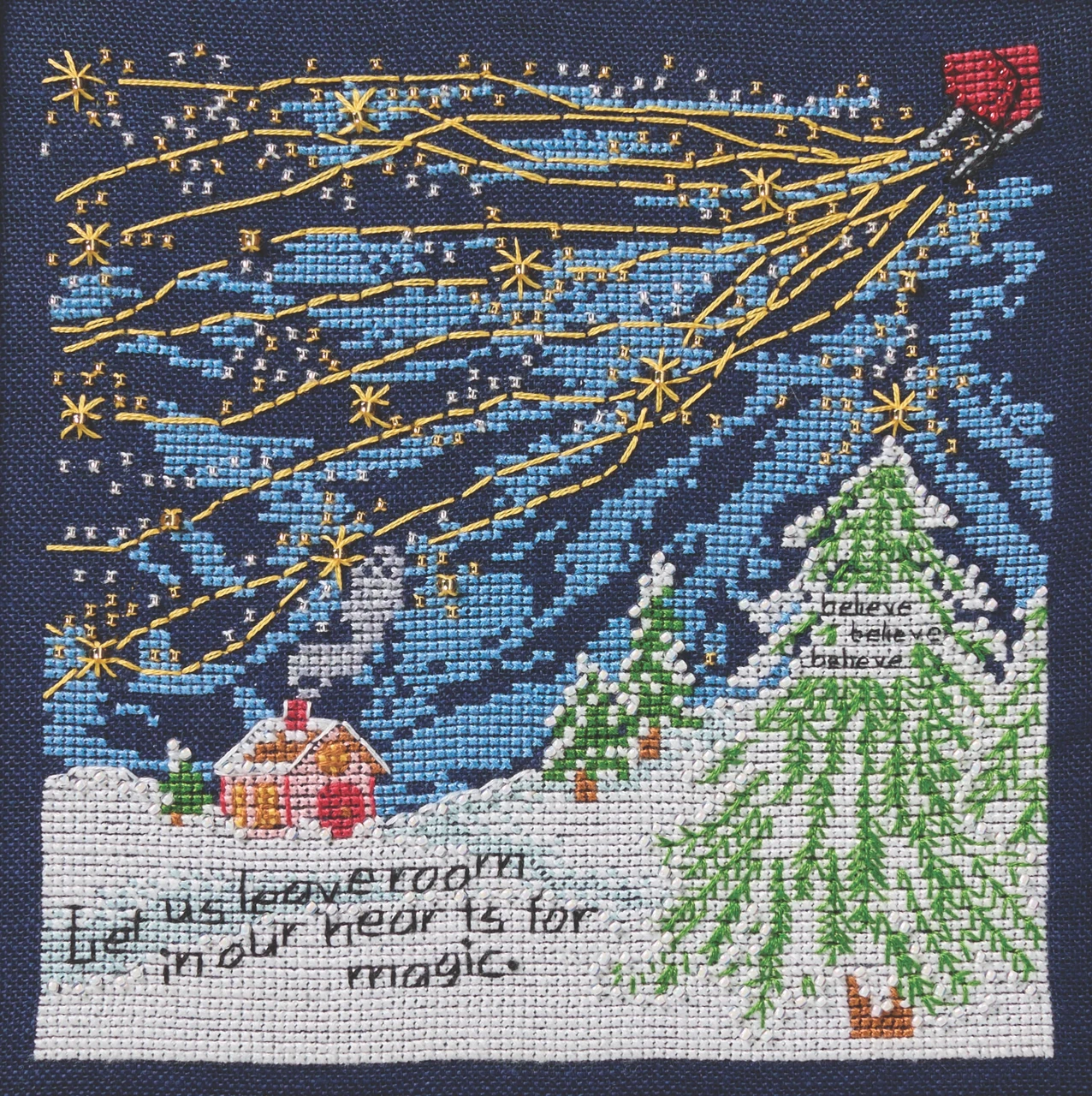 Stitched area of Room in Our Hearts Beaded Counted Cross Stitch Kit Mill Hill Curly Girl 2026 Everyday Series CG302614