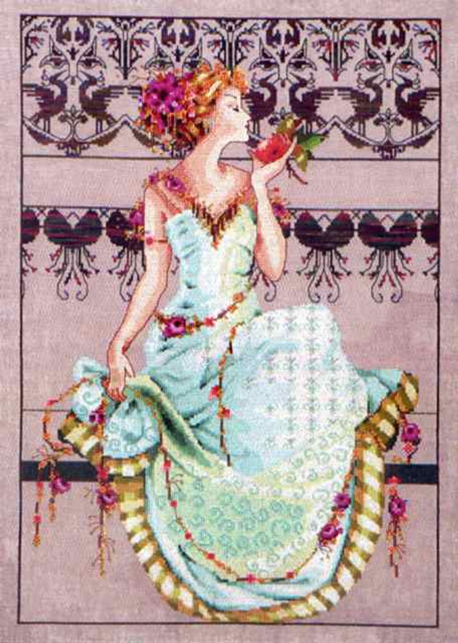 Stitched area of Persephone Kit Cross Stitch Chart Beads Silk Floss Mirabilia MD127