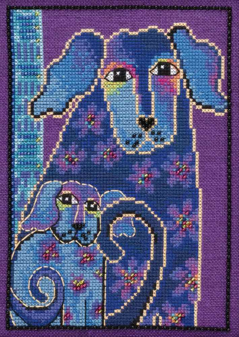 Stitched area of Bloomingtails Cross Stitch Kit (Linen) Mill Hill 2016 Laurel Burch Dogs