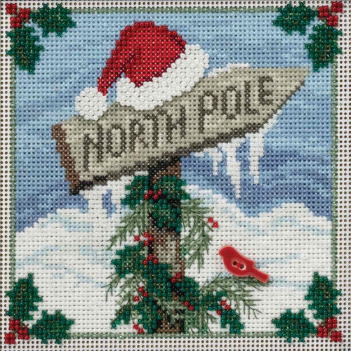 Stitched area of North Pole Cross Stitch Kit Mill Hill 2016 Buttons & Beads Winter MH141632