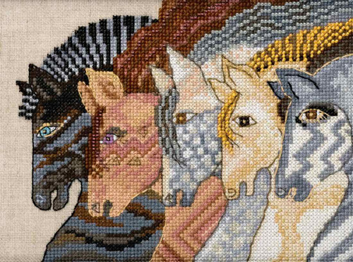 Stitched area of Moroccan Mares Cross Stitch Kit (Linen) Mill Hill 2017 Laurel Burch Horses LB301712