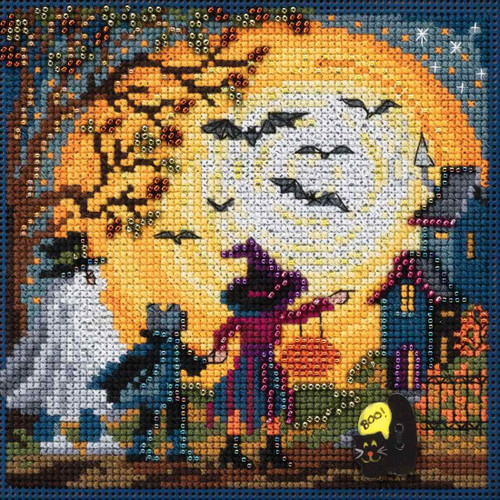 Stitched area of Moonlit Treaters Cross Stitch Kit Mill Hill 2017 Buttons & Beads Autumn MH141724