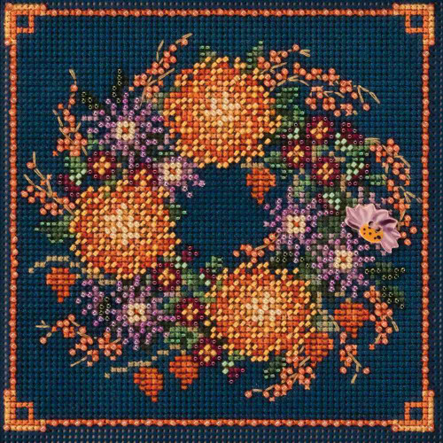 Stitched area of Mum Wreath Cross Stitch Kit Mill Hill 2018 Buttons & Beads Autumn MH141824
