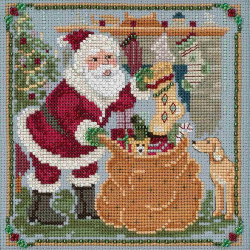 Stitched area of Jolly Old Elf Cross Stitch Kit Mill Hill 2018 A Visit From St Nick Quartet MH171833