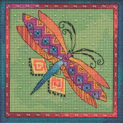 Stitched area of Dragonfly Lime Cross Stitch Kit Mill Hill 2019 Laurel Burch Flying Colors LB141915