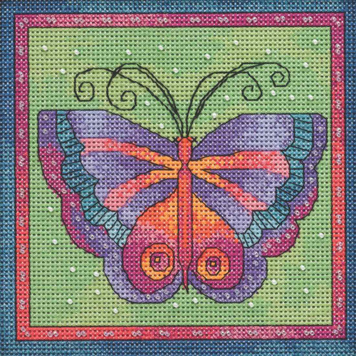 Stitched area of Butterfly Lime Cross Stitch Kit Mill Hill 2019 Laurel Burch Flying Colors LB141912