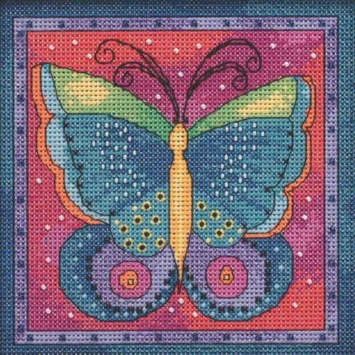 Stitched area of Butterfly Fuchsia Cross Stitch Kit Mill Hill 2019 Laurel Burch Flying Colors LB141916