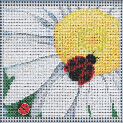 Stitched area of Ladybug on Daisy Cross Stitch Kit Mill Hill 2021 Buttons & Beads Spring MH142116