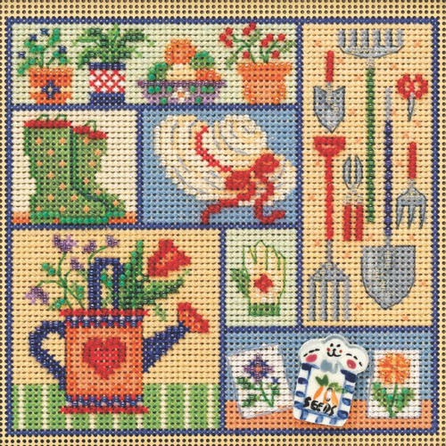 Stitched area of Garden Sampler Cross Stitch Kit Mill Hill 2021 Buttons & Beads Spring MH142113