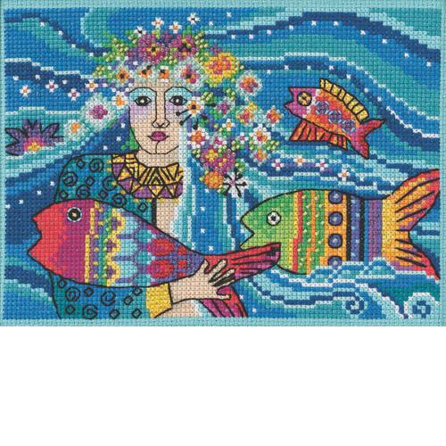 Stitched area of Ocean Goddess Cross Stitch Kit Mill Hill 2021 Laurel Burch LB302111