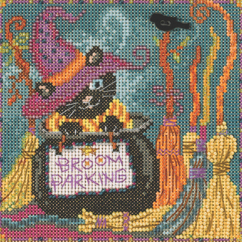 Stitched area of Broom Parking Cross Stitch Kit Mill Hill 2022 Buttons & Beads Autumn MH14224