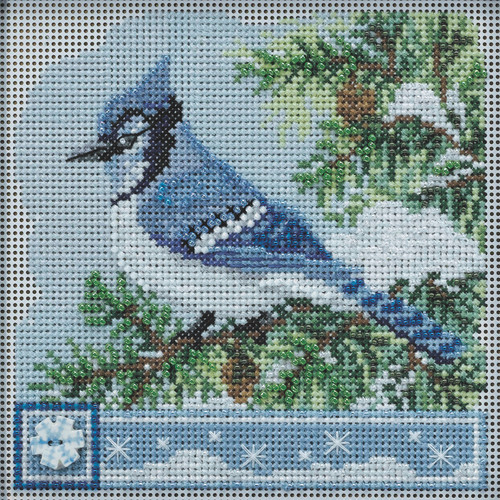 Stitched area of Blue Jay Cross Stitch Kit Mill Hill 2022 Buttons Beads Winter MH142233