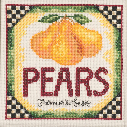 Stitched area of Pears Cross Stitch Kit Mill Hill 2023 Debbie Mumm Market Fresh