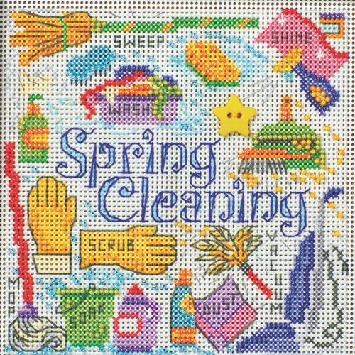 Stitched area of Spring Cleaning Cross Stitch Kit Mill Hill 2024 Buttons & Beads Spring MH142416