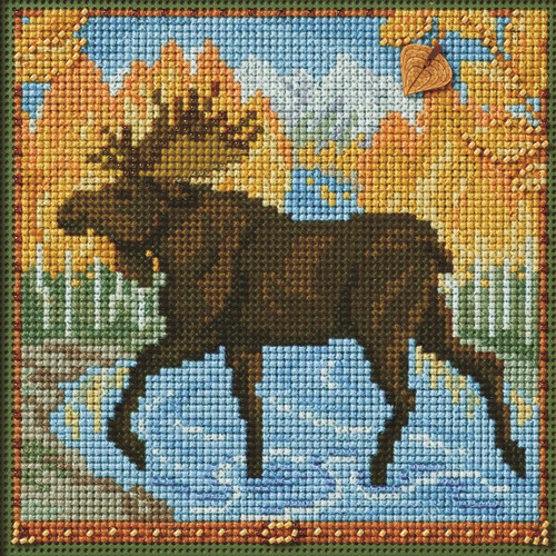 Stitched area of Autumn Moose Cross Stitch Kit Mill Hill 2024 Buttons & Beads Autumn MH142425