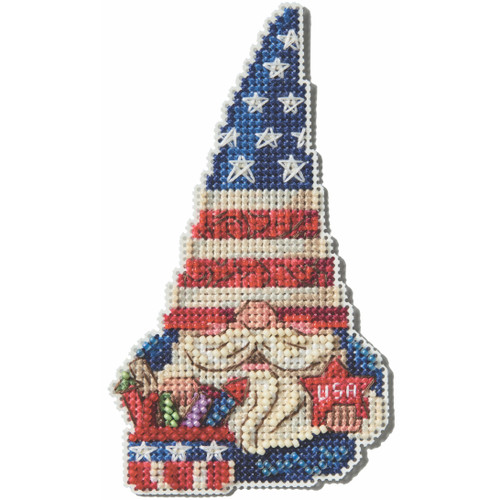Stitched area of Patriotic Gnome Cross Stitch Kit Mill Hill 2025 Jim Shore JS202514 Stitched area of Patriotic Gnome Cross Stitch Kit Mill Hill 2025 Jim Shore JS202514