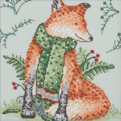 Stitched area of Reddy Fox Cross Stitch Kit Mill Hill 2026 Debbie Mumm Woodland Friends DM302611