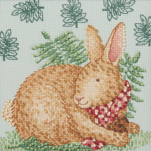 Stitched area of Reggie Rabbit Cross Stitch Kit Mill Hill 2026 Debbie Mumm Woodland Friends DM302614