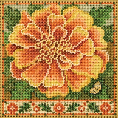 Stitched area of Marigold Cross Stitch Kit Mill Hill 2026 Buttons & Beads Autumn MH142623