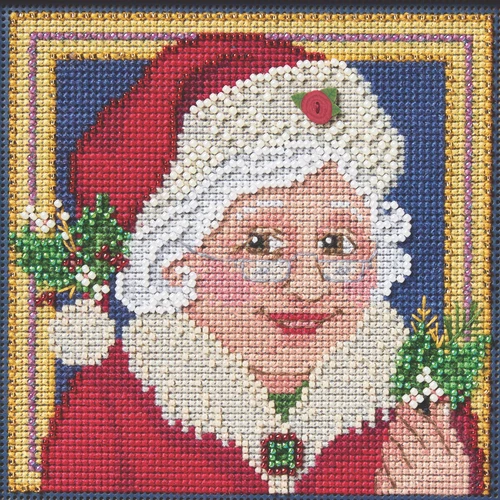 Stitched area of Mrs Claus Counted Cross Stitch Kit Mill Hill 2026 Buttons & Beads Winter MH142631
