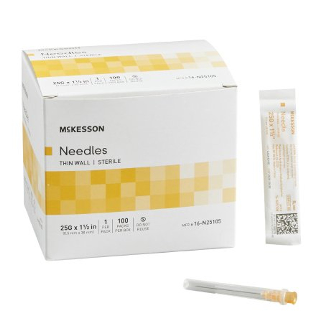 Hypodermic Needle McKesson 1-1/2 Inch Length 25 Gauge Thin Wall Without  Safety, Box/100, Case/4 boxes