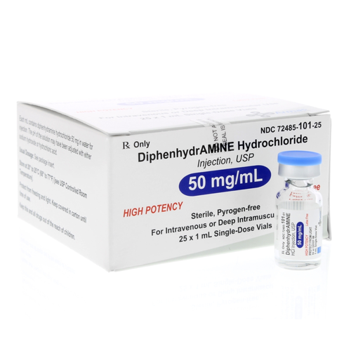 Diphenhydramine HCl 50mg/mL Injection, 1 mL, Carton/25