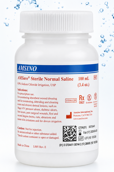 AmSure Sterile Saline (0.9%) for Device/Wound Irrigation, 100 mL, Case/48 bottles