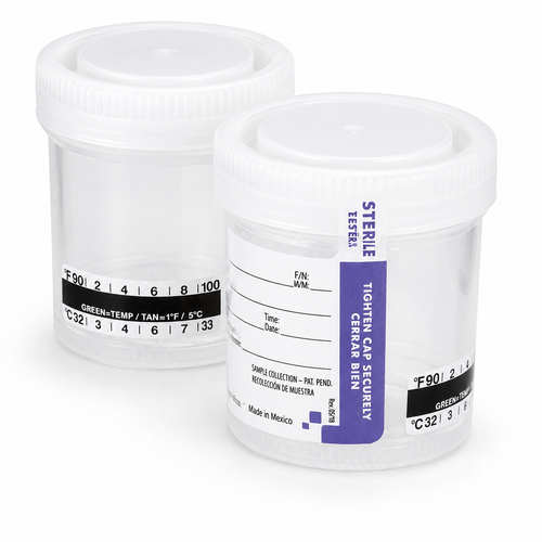 Specimen Container with Temperature Strip 57 X 73 mm 90 mL (3 oz.) Screw Cap Patient Information Sterile, 300/Case