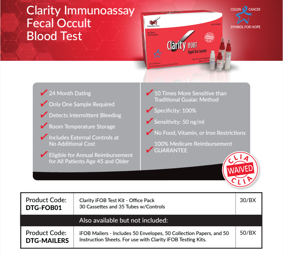 Fecal Occult Blood Test Kit, Cancer Screening Test Kit, (FOBT or FIT) CLIA Waived, Box/30 Tests