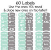 56 pre-printed sorting labels to organize by size or clothing type for child, teen, or adult.
