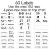 56 pre-printed sorting labels to organize by size or clothing type for baby, toddler, or child.