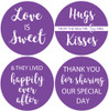 Wedding favor stickers in purple hugs and kisses from the mr and mrs