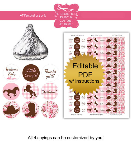 Cowgirl Printable Baby Shower Girl Candy Stickers Editable Pdf
