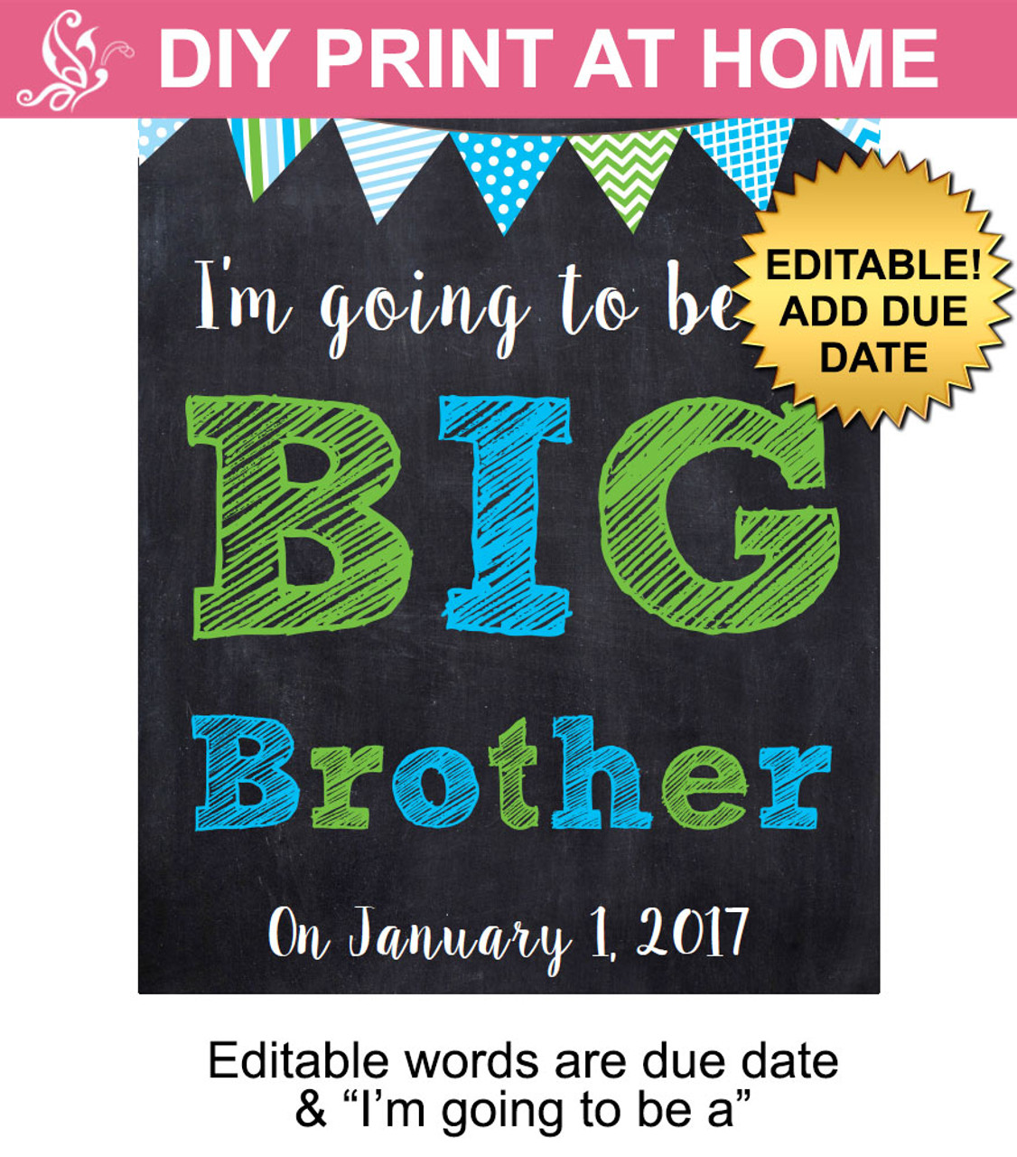 Big brother green & blue pregnancy announcement sign printable 8x10 or 16x20 free-custom-printable-pregnancy-announcement-templates-canva